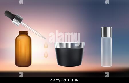 mock up illustration of various essential oil on abstract background Stock Vector
