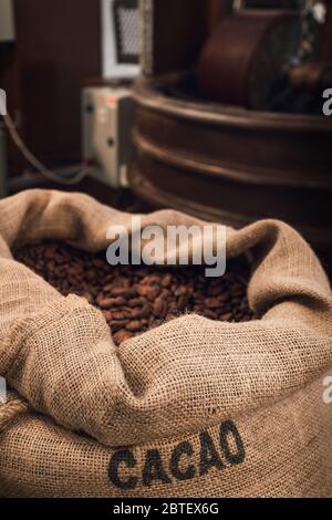 Jute bag full of cocoa beans in a chocolate maker workshop, with conching and melanger equipment on the background Stock Photo