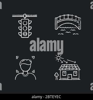 Urban regulation chalk white icons set on black background Stock Vector