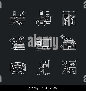 Urban structure chalk white icons set on black background Stock Vector
