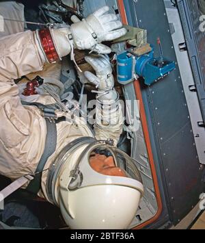 (1 April 1966) --- Astronaut Michael Collins, prime crew pilot of the Gemini-10 spaceflight, undergoes zero-gravity egress training aboard a KC-135 Air Force plane. Stock Photo