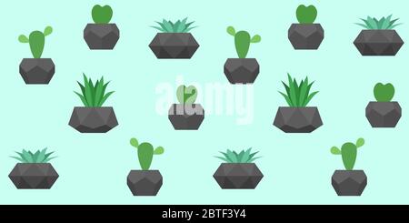 Vector seamless pattern with cactuses and succulent plants. Turquoise floral background for fabric print, wallpapers Stock Vector