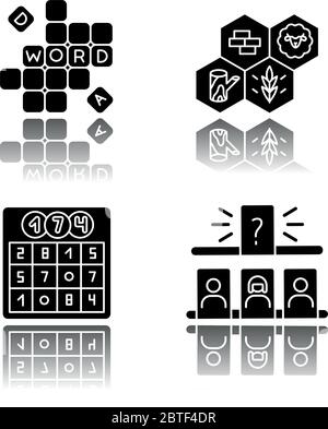 Recreational games drop shadow black glyph icons set Stock Vector
