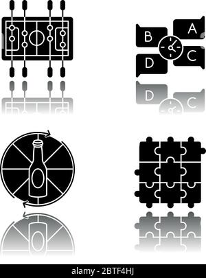 Friendly party games drop shadow black glyph icons set Stock Vector