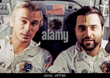 Astronaut Eugene A. Cernan (left) and scientist-astronaut Harrison H. 'Jack' Schmitt are photographed by the third crew man aboard the Apollo 17 Stock Photo