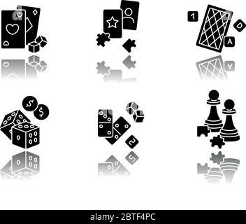 Gambling and intellectual games drop shadow black glyph icons set Stock Vector