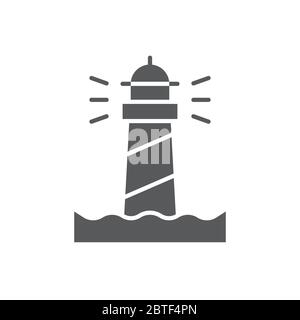 Lighting lighthouse and ocean water vector icon symbol isolated on white background Stock Vector