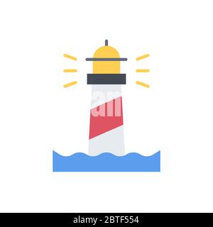 Lighting lighthouse and ocean water vector icon symbol isolated on white background Stock Vector