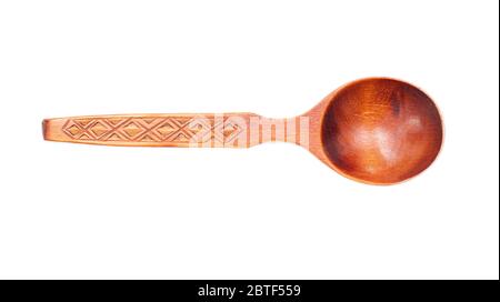 Old wooden spoon isolated on white background, top view Stock Photo