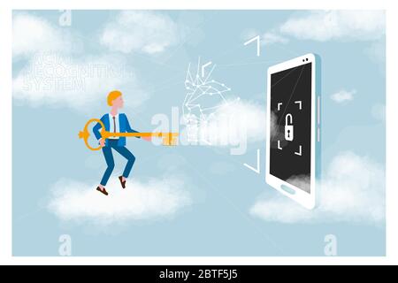 Unlocking personal data and cloud storage of user passwords, concept. Character on the cloud with a smartphone key. Stock Vector