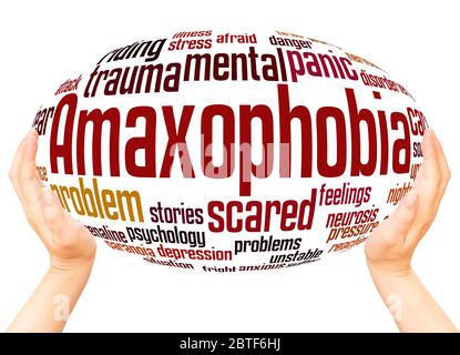 Amaxophobia fear of riding in a car word hand sphere cloud concept on white background. Stock Photo