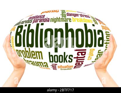 Bibliophobia fear of books word cloud word hand sphere cloud concept background. Stock Photo