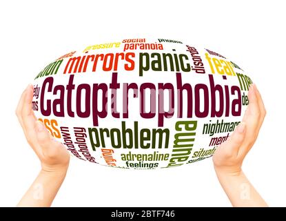 Catoptrophobia fear of mirrors word hand sphere cloud concept on white background. Stock Photo