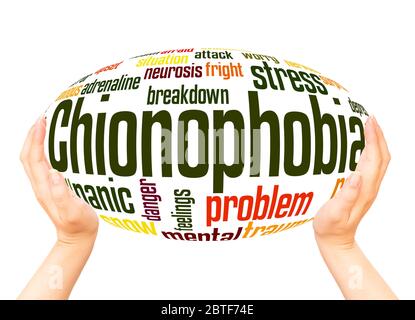 Chionophobia fear of snow word hand sphere cloud concept on white background. Stock Photo