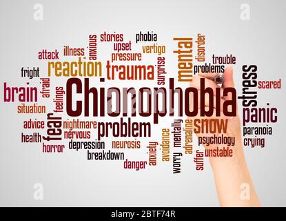 Chionophobia fear of snow word cloud and hand with marker concept on white background. Stock Photo