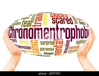Chronomentrophobia fear of clocks word hand sphere cloud concept on white background. Stock Photo