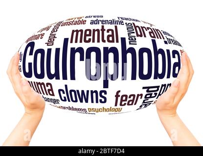 Coulrophobia fear of clowns  word hand sphere cloud concept on white background. Stock Photo