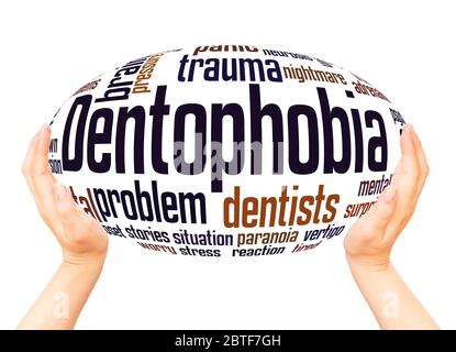 Dentophobia fear of dentists word hand sphere cloud concept on white background. Stock Photo