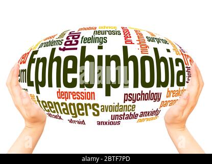 Ephebiphobia fear of teenagers word hand sphere cloud concept on white background. Stock Photo
