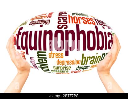 Equinophobia fear of horses word hand sphere cloud concept on white background. Stock Photo