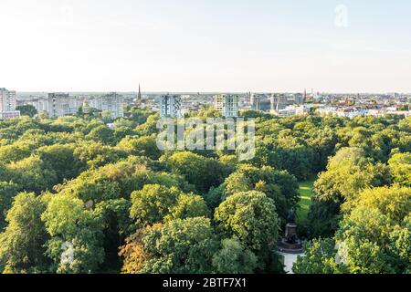 Panoramic city view of Berlin, viewfrom the top of the Berlin Victory Column in Tiergarten, Berlin, with modern skylines and green forest. Stock Photo