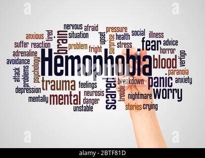 Hemophobia fear of blood word cloud and hand with marker concept on white background. Stock Photo