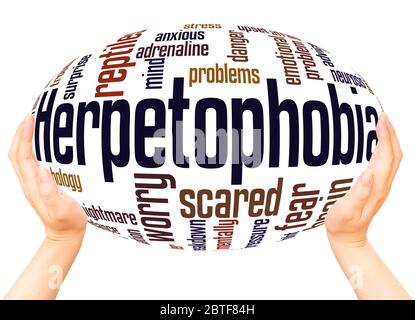 Herpetophobia fear of reptiles word hand sphere cloud concept on white background. Stock Photo