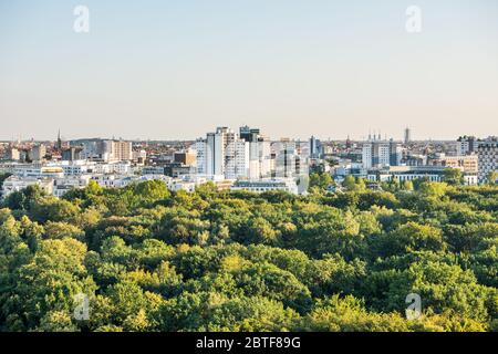 Panoramic city view of Berlin, viewfrom the top of the Berlin Victory Column in Tiergarten, Berlin, with modern skylines and green forest. Stock Photo