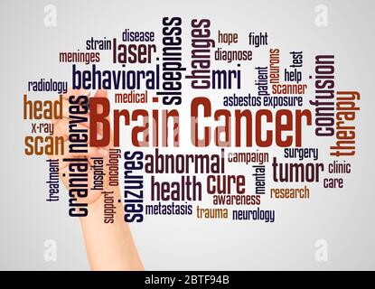Brain cancer word cloud and hand with marker concept on white background. Stock Photo