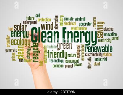 Clean energy word cloud and hand with marker concept on white background. Stock Photo