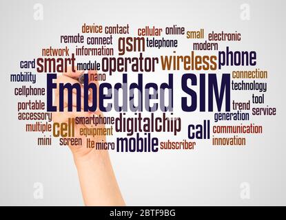 Embedded SIM word cloud and hand with marker concept on white background. Stock Photo