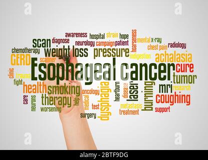 Esophageal cancer word cloud and hand with marker concept on white background. Stock Photo