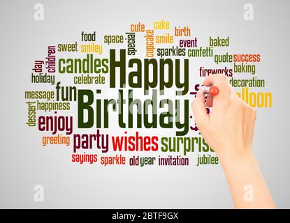 Happy birthday word cloud hand writing concept on white background. Stock Photo