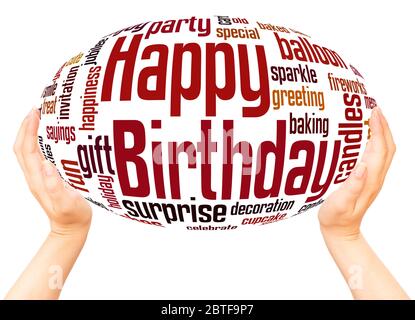 Happy birthday word hand sphere cloud concept on white background. Stock Photo