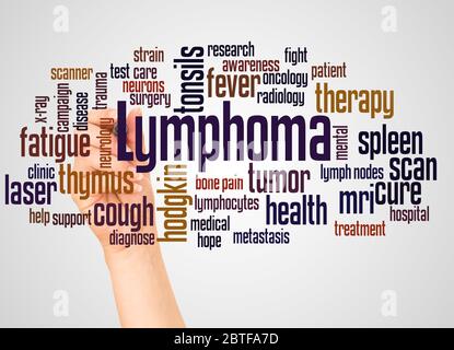 Lymphoma word cloud and hand with marker concept on white background. Stock Photo