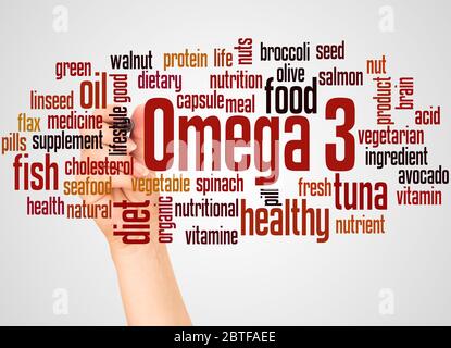 Omega 3 word cloud and hand with marker concept on white background. Stock Photo