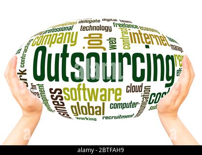 Outsourcing Outsourcing word hand sphere cloud concept on white background. Stock Photo