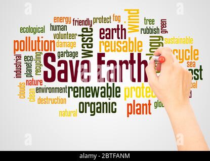 Save Earth word cloud hand writing concept on white background. Stock Photo
