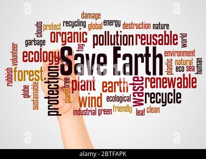 Save Earth word cloud and hand with marker concept  on white background. Stock Photo