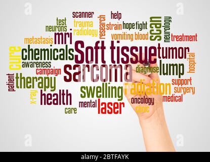 Soft tissue sarcoma word cloud and hand with marker concept on white background. Stock Photo