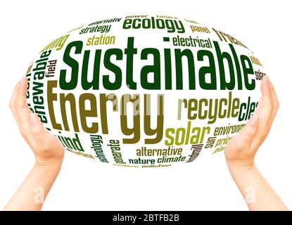 Sustainable energy word hand sphere cloud concept on white background. Stock Photo