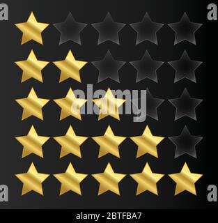 Five star rating icon vector illustration isolated on black gradient background.Set of  gold stars. Stock Vector