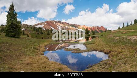 Reflections in small lakes in Corkscrew Gulch, Colorado - Panoramic Stock Photo