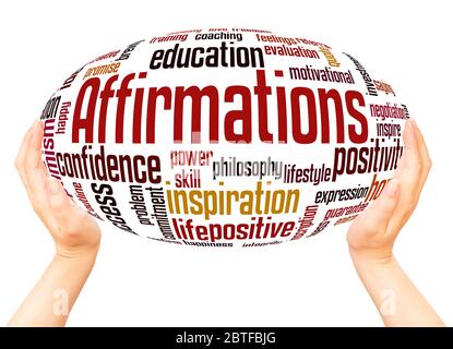 Affirmations word hand sphere cloud concept on white background. Stock Photo