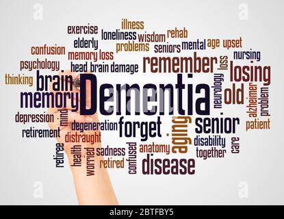 Dementia word cloud and hand with marker concept on white background. Stock Photo