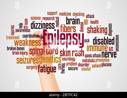 Epilepsy word cloud and hand with marker concep on white background Stock Photo