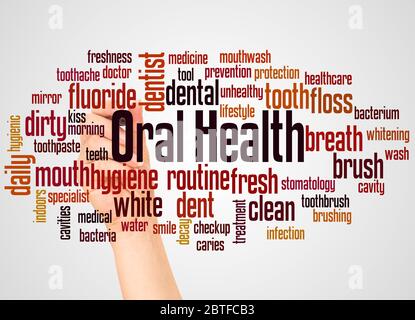 Oral Health word cloud and hand with marker concept on white background. Stock Photo