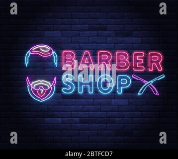 Illuminated neon barber shop design. Stock Vector