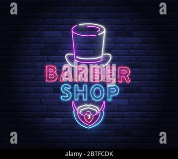 Illuminated neon barber shop design. Stock Vector