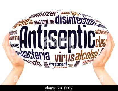 Antiseptic word hand sphere cloud concept on white background. Stock Photo